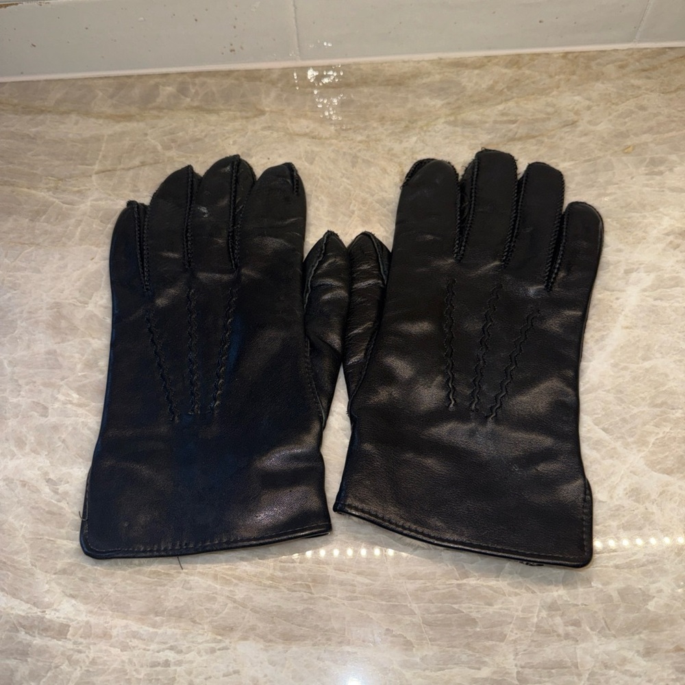 Men’s Vintage Black Leather Gloves with Rabbit Fur Lining Size 10-10.5